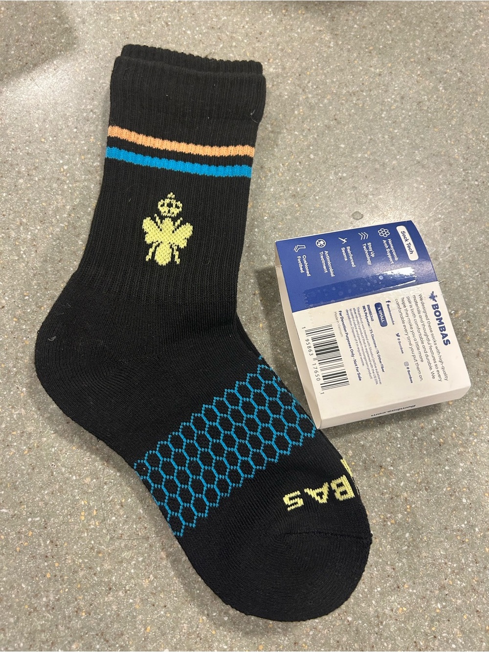 Bombas Black Athletic Crew Socks with Yellow Bee and Blue Accents